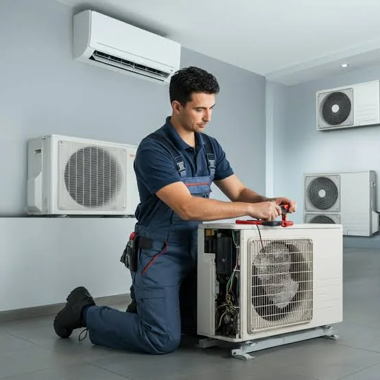 Professional HVAC technician working on a residential air conditioning unit