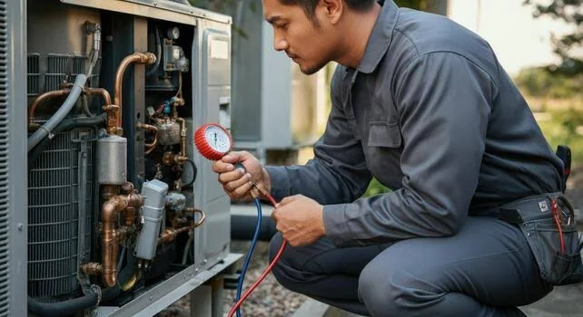 HVAC technician measuring system pressure during an AC repair