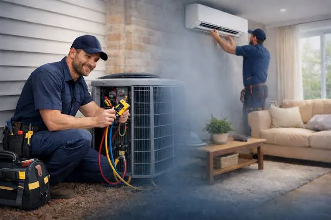 HVAC technician servicing indoor and outdoor residential cooling equipment
